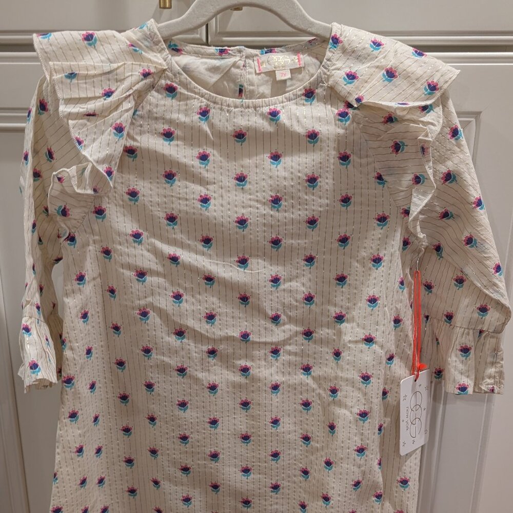 NWT EGG New York Cona Dress in Ivory w/Floral Design & Metallic Stripes - Sz 7Y